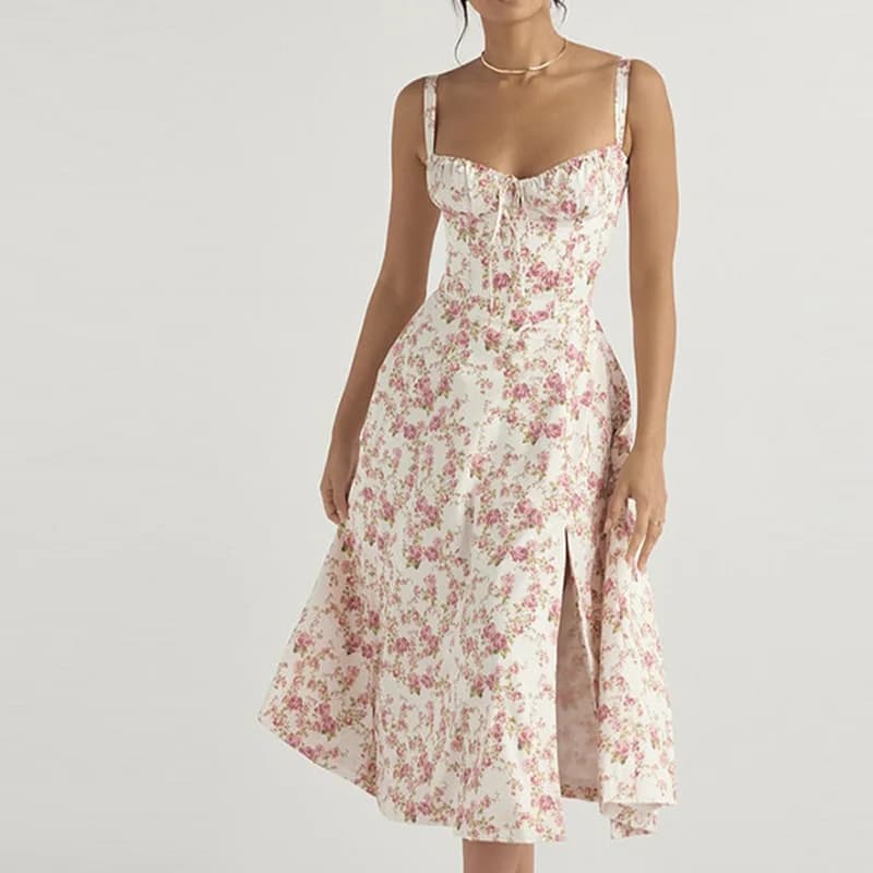 Elegant Floral Spaghetti Strap Dress - Summer Party Wear