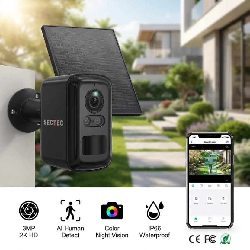 Sectec sladdlös 3MP solcellsdriven säkerhetskamera med AI-detektering