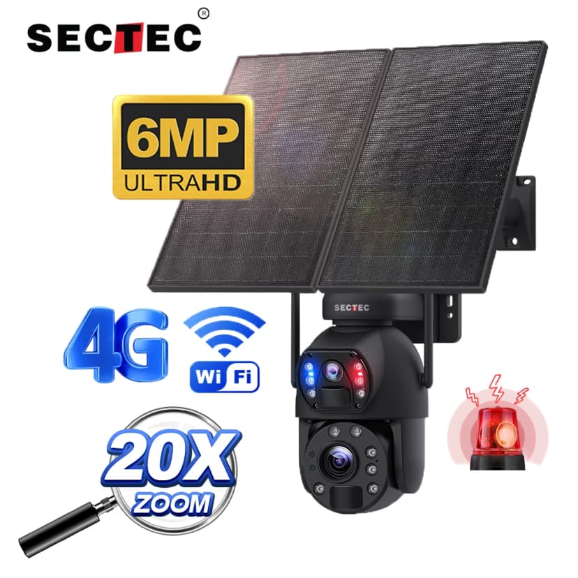 Sectec 6MP 20X Zoom solcellsdriven säkerhetskamera med 4G-anslutning