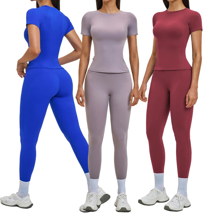 2-delt yogasæt til kvinder - kortærmet crop top og leggings med høj talje