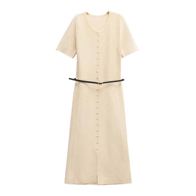 PB&ZA Dame Elegant Strikket Midikjole med Bælte - Beige