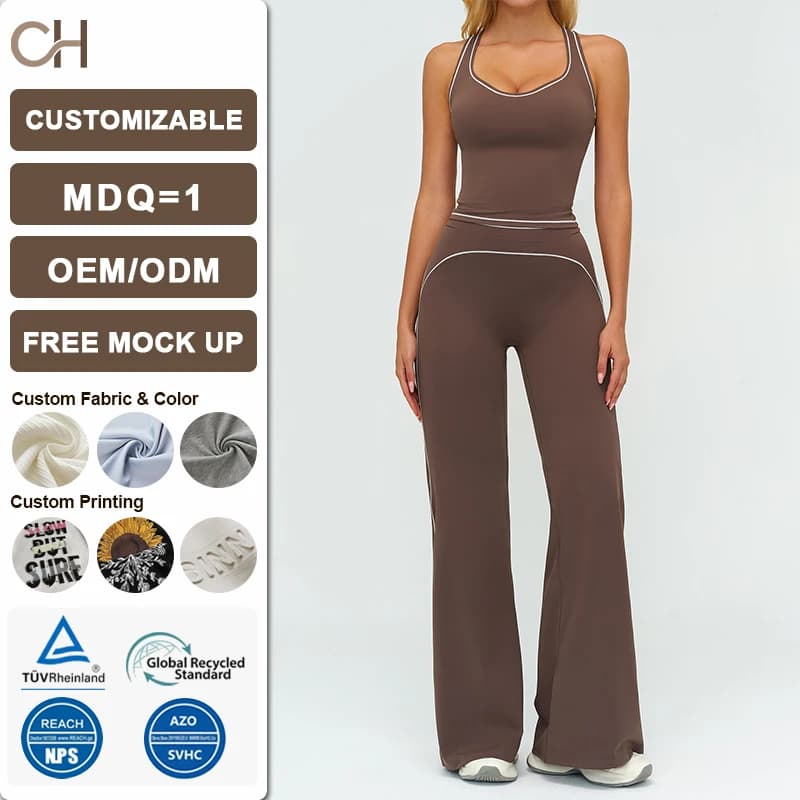 Conjunto de Yoga Personalizable para Mujer - Top Halter y Pantalones de Pernera Ancha