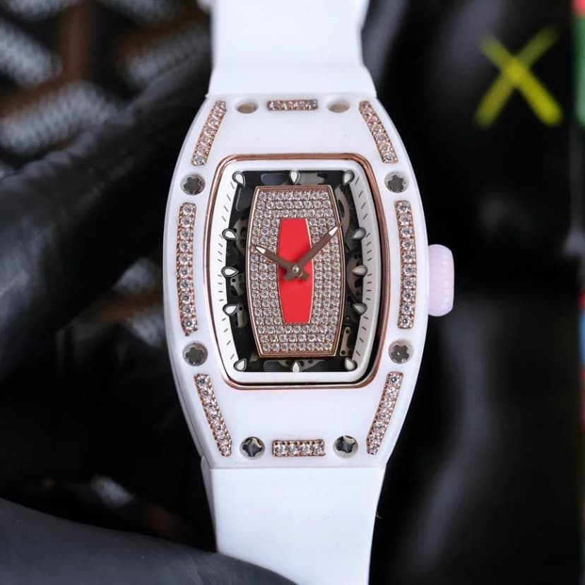 Lujoso reloj de pulsera automático de cerámica blanca y roja con diamantes para mujer.