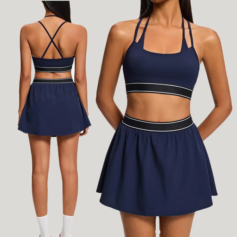 YIYI Kvinde Halterneck Kryds Activewear Sæt - Åndbar Tennisskørt & BH
