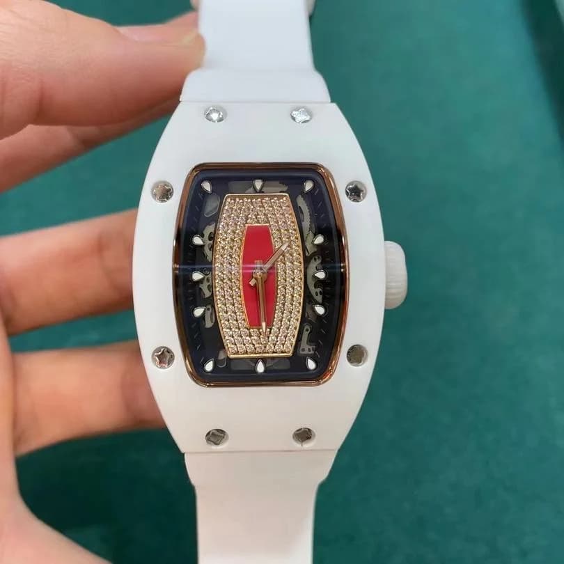 Reloj de pulsera octogonal de lujo de cerámica con diamantes rosas y rojos para mujer.